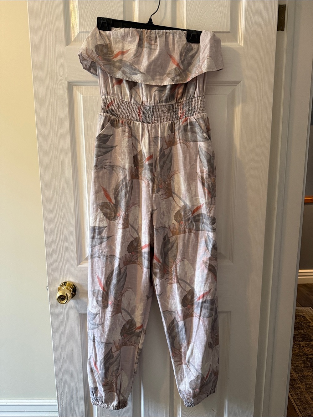 American Eagle Outfitters Floral Off-Shoulder Jumpsuit in Light Pink and Gray
